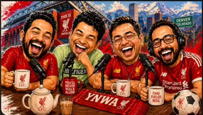 The four Chai & Clean Sheets hosts in Liverpool kits with mics and chai, Anfield and Denver skyline behind them